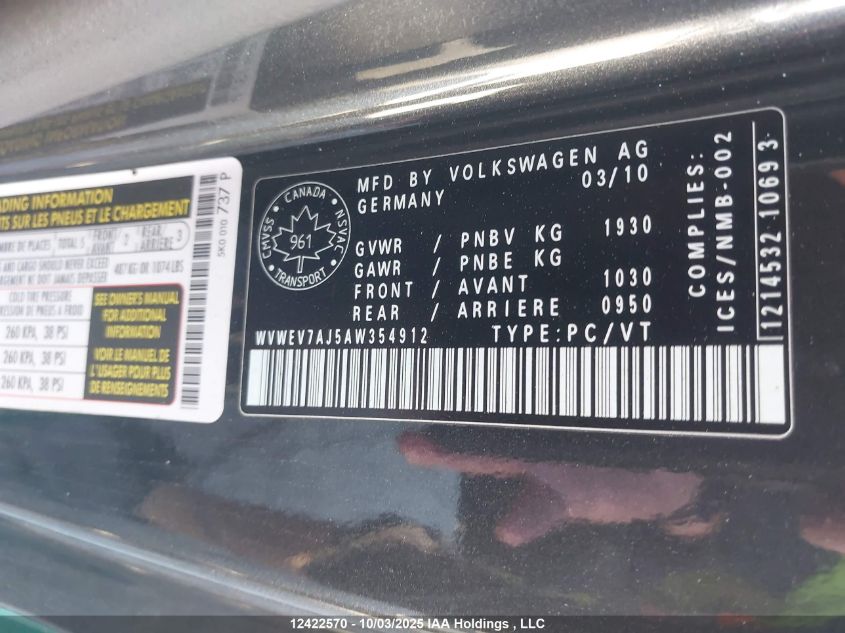 2010 Volkswagen Golf Gti 3-Door VIN: WVWEV7AJ5AW354912 Lot: 12422570
