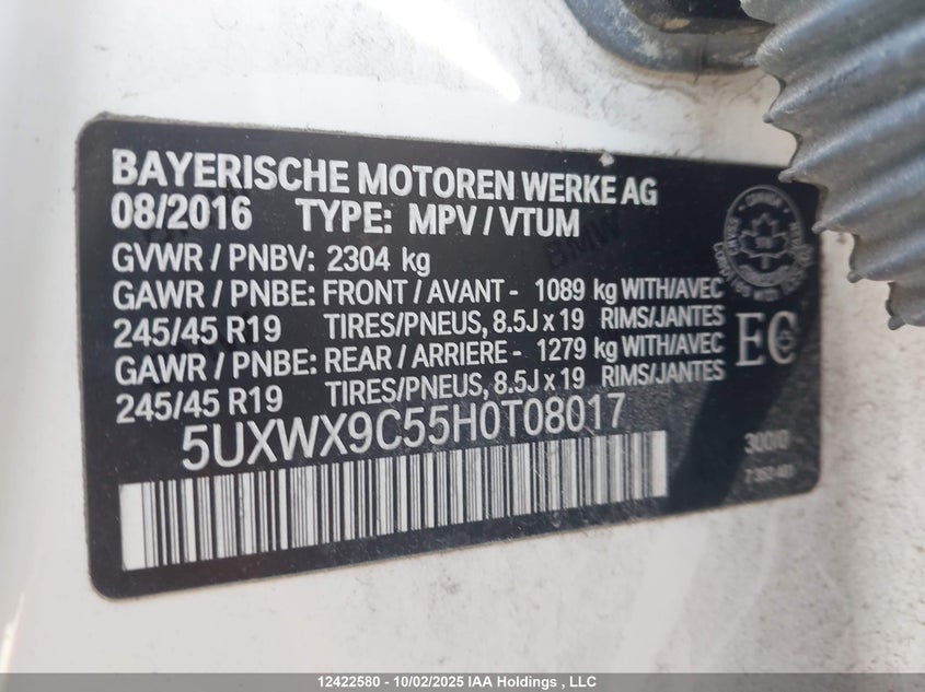 2017 BMW X3 VIN: 5UXWX9C55H0T08017 Lot: 12422580