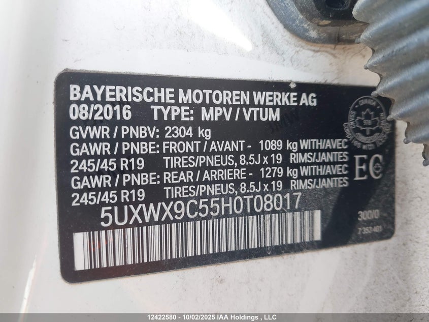 2017 BMW X3 VIN: 5UXWX9C55H0T08017 Lot: 12422580