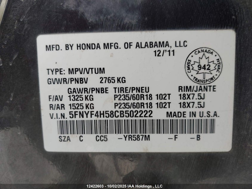 2012 Honda Pilot Exl VIN: 5FNYF4H58CB502222 Lot: 12422603