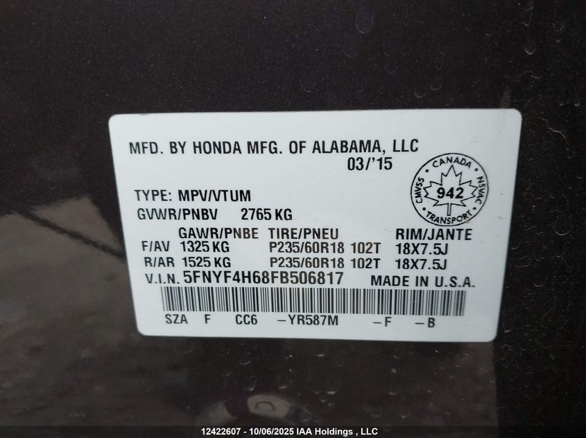 5FNYF4H68FB506817 2015 HONDA PILOT photo no. 9