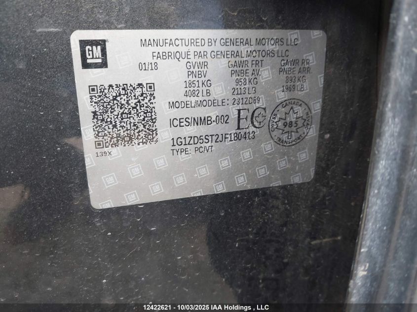 2018 Chevrolet Malibu Lt VIN: 1G1ZD5ST2JF180413 Lot: 12422621