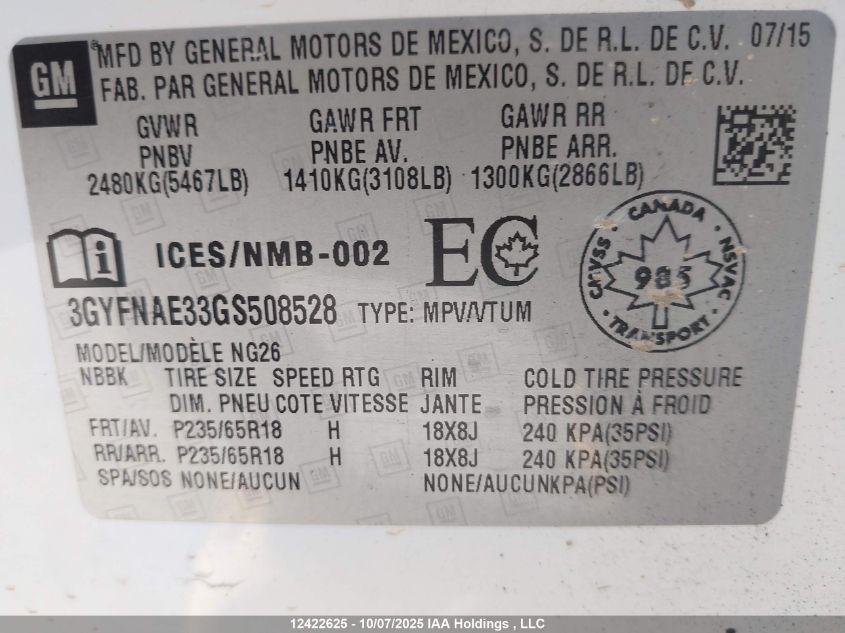 2016 Cadillac Srx Standard VIN: 3GYFNAE33GS508528 Lot: 12422625