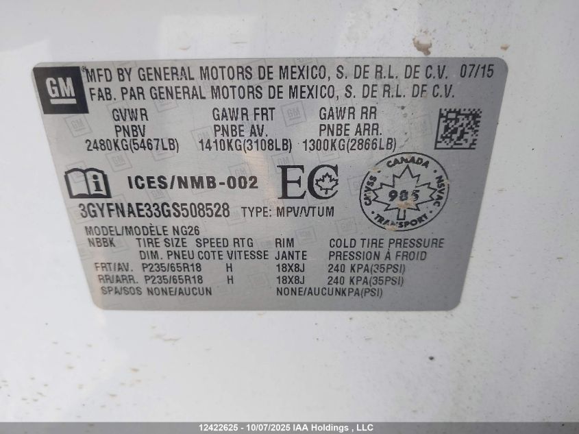 2016 Cadillac Srx Standard VIN: 3GYFNAE33GS508528 Lot: 12422625