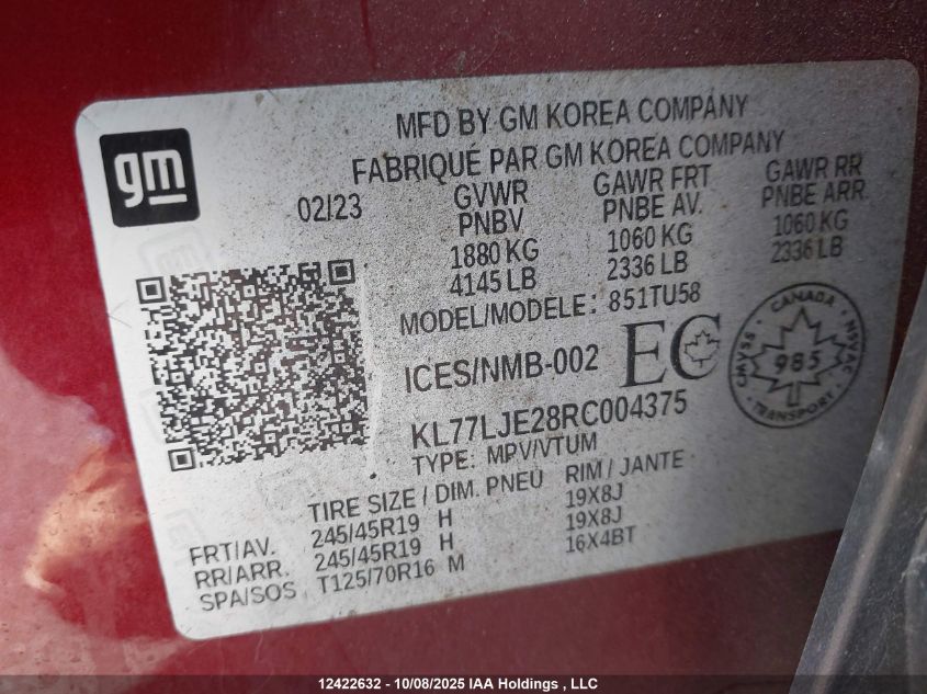 2024 Chevrolet Trax 2Rs VIN: KL77LJE28RC004375 Lot: 12422632