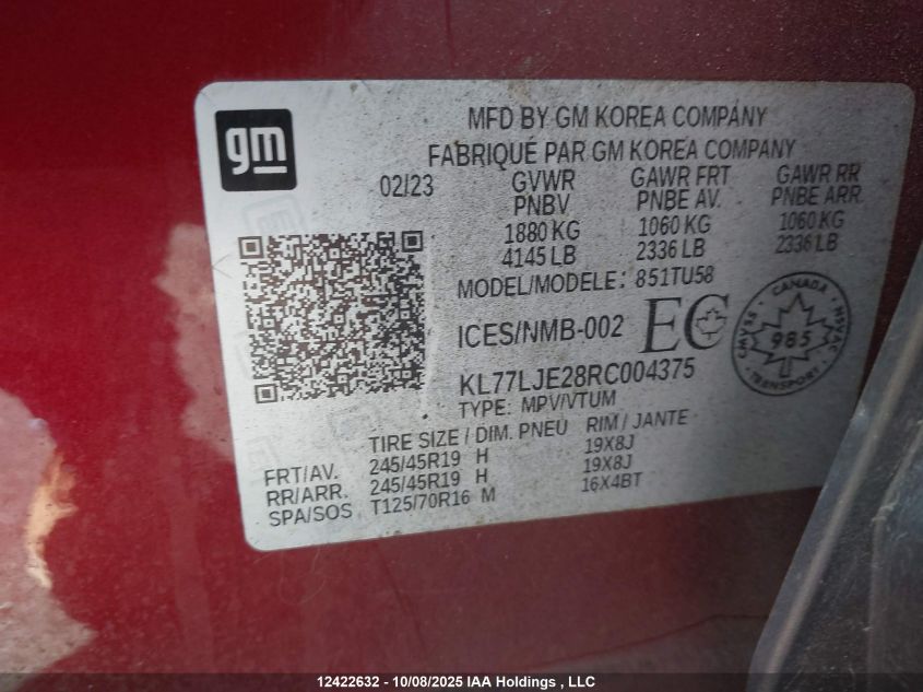 2024 Chevrolet Trax 2Rs VIN: KL77LJE28RC004375 Lot: 12422632