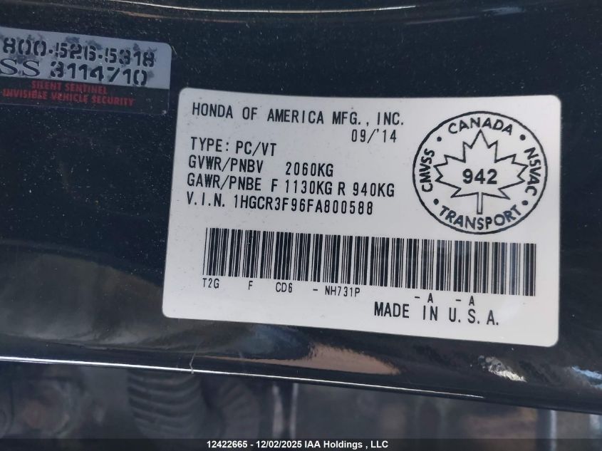 2015 Honda Accord Touring VIN: 1HGCR3F96FA800588 Lot: 12422665