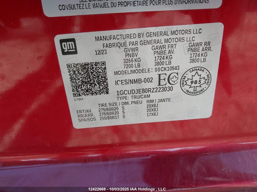 2024 Chevrolet Silverado 1500 VIN: 1GCUDJE80RZ223030 Lot: 12422669