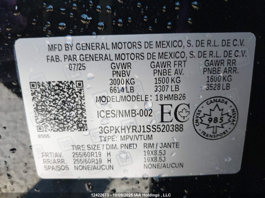 2025 Honda Prologue Ex-L VIN: 3GPKHYRJ1SS520388 Lot: 12422673