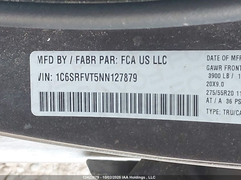 2022 Ram 1500 Sport VIN: 1C6SRFVT5NN127879 Lot: 12422679