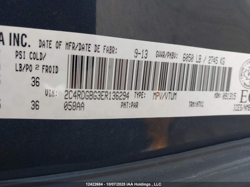 2014 Dodge Grand Caravan Se VIN: 2C4RDGBG3ER136294 Lot: 12422684