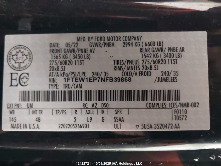 2022 Ford F150 Supercrew VIN: 1FTEW1EP7NFB39868 Lot: 12422721