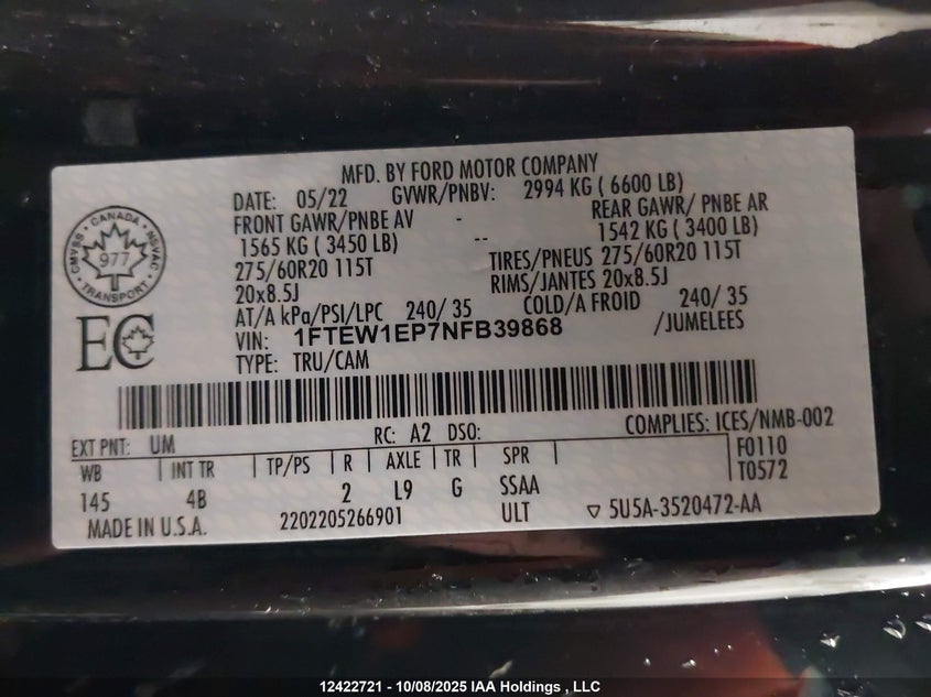 2022 Ford F150 Supercrew VIN: 1FTEW1EP7NFB39868 Lot: 12422721