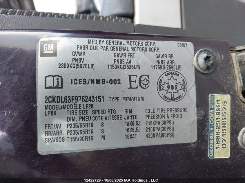 2007 Pontiac Torrent VIN: 2CKDL63F976243151 Lot: 12422729