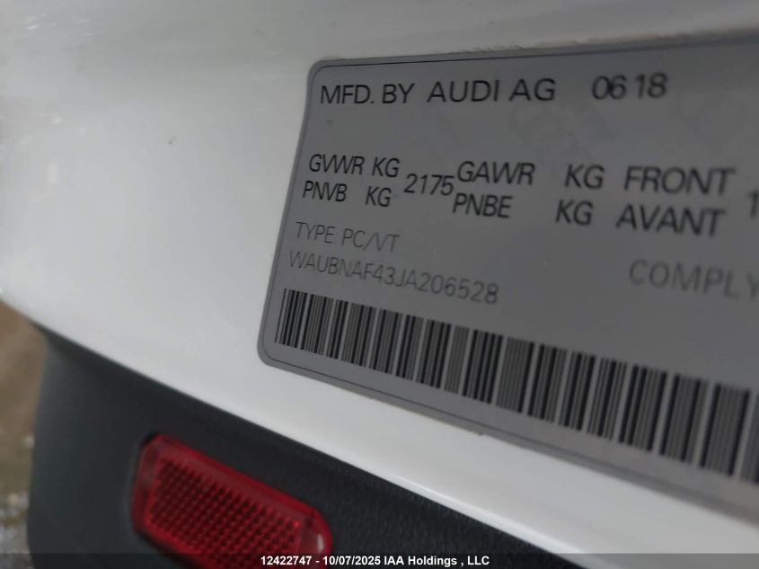 2018 Audi A4 2.0T Progressiv VIN: WAUBNAF43JA206528 Lot: 12422747