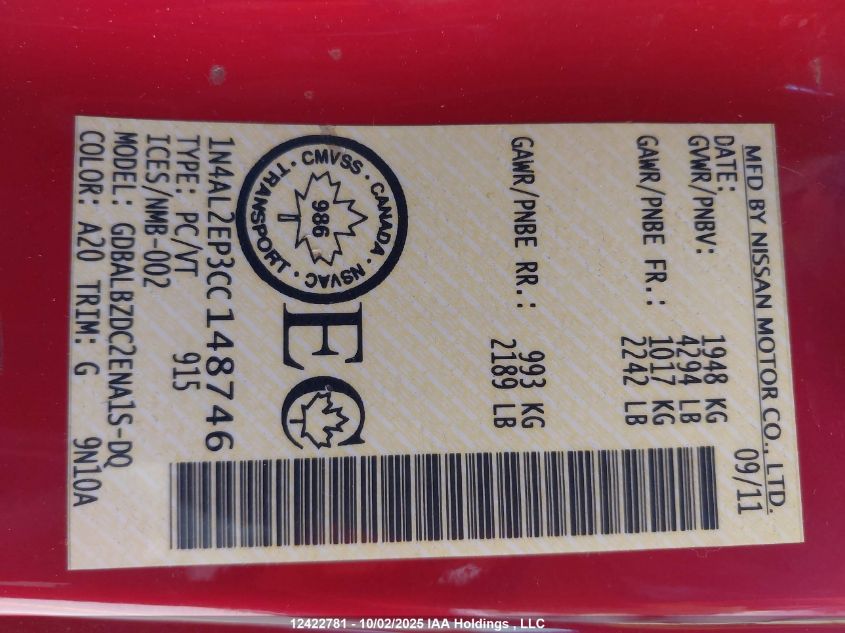 2012 Nissan Altima VIN: 1N4AL2EP3CC148746 Lot: 12422781