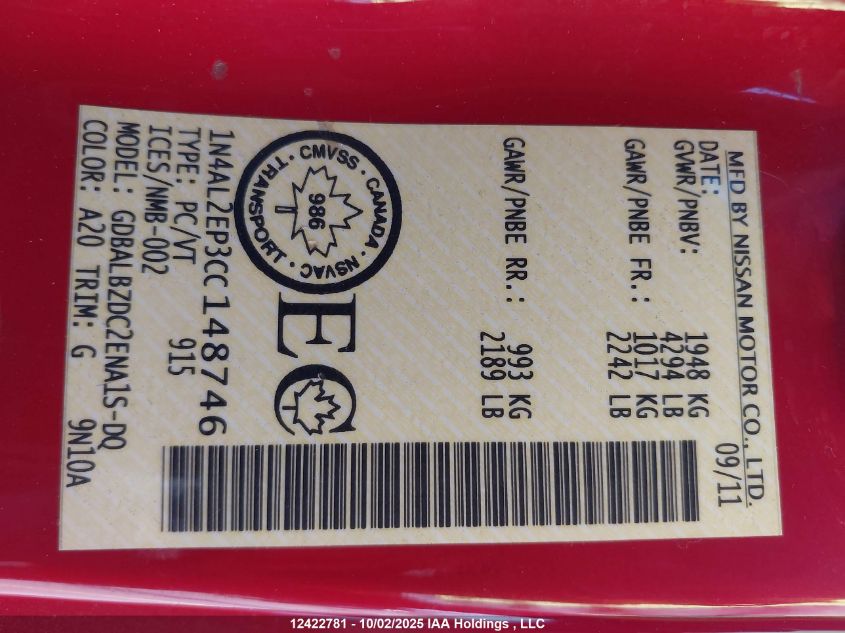 2012 Nissan Altima VIN: 1N4AL2EP3CC148746 Lot: 12422781