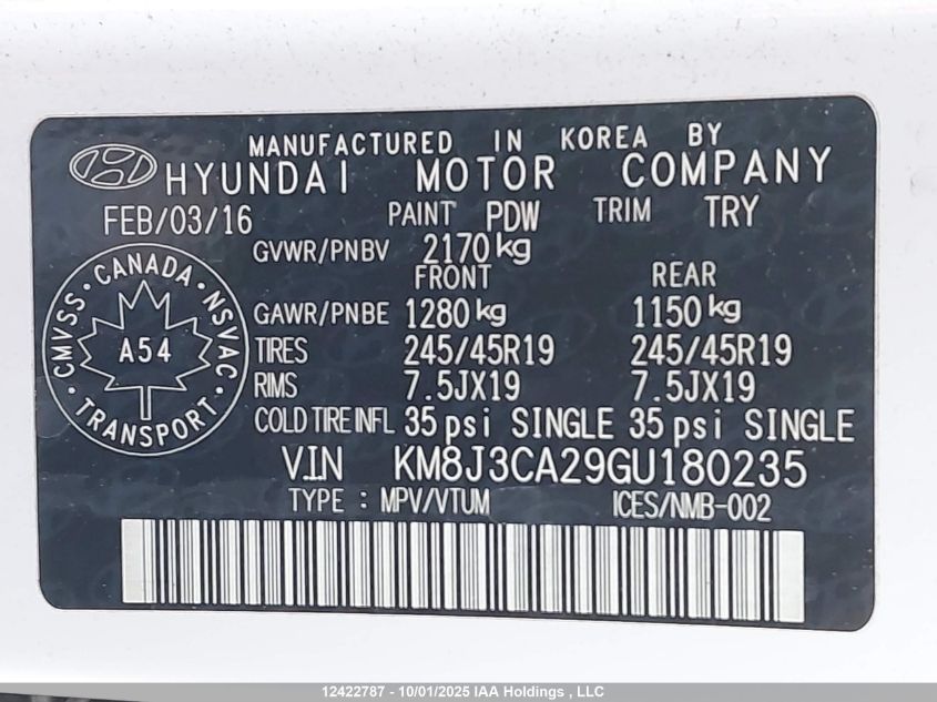 2016 Hyundai Tucson Limited VIN: KM8J3CA29GU180235 Lot: 12422787