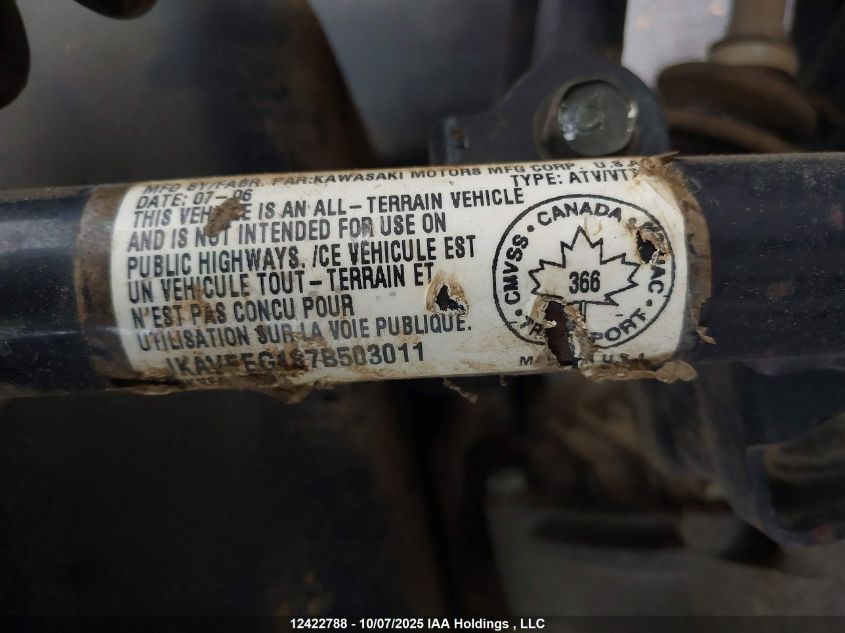 2007 Kawasaki Kvf650 G VIN: JKAVFEG187B503011 Lot: 12422788