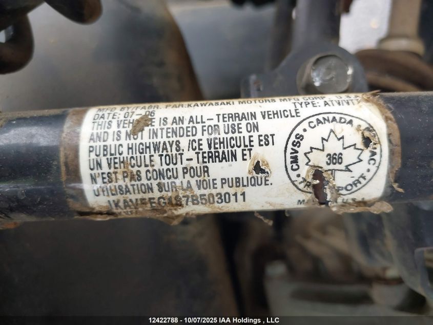 2007 Kawasaki Kvf650 G VIN: JKAVFEG187B503011 Lot: 12422788