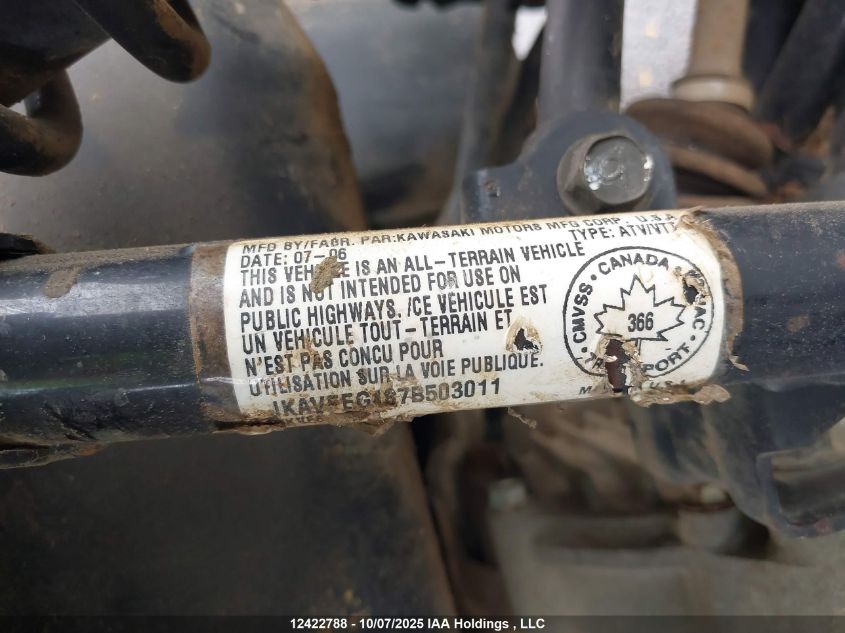 2007 Kawasaki Kvf650 G VIN: JKAVFEG187B503011 Lot: 12422788