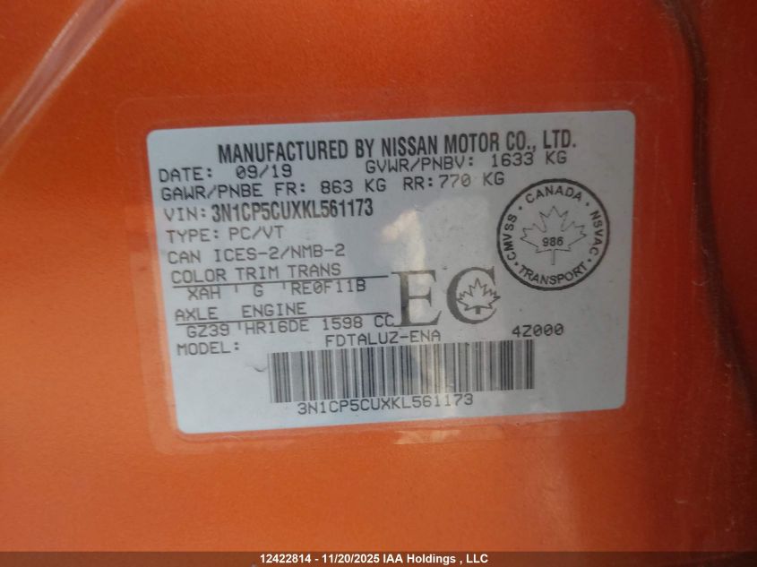 2019 Nissan Kicks S/Sr/Sv VIN: 3N1CP5CUXKL561173 Lot: 12422814