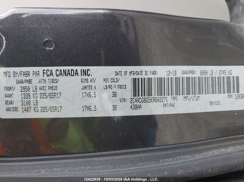 2019 Dodge Grand Caravan Se VIN: 2C4RDGBG5KR602271 Lot: 12422839