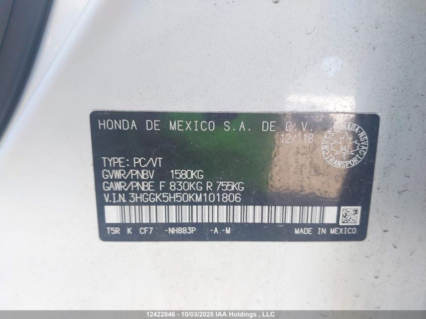 2019 Honda Fit VIN: 3HGGK5H50KM101806 Lot: 12422846