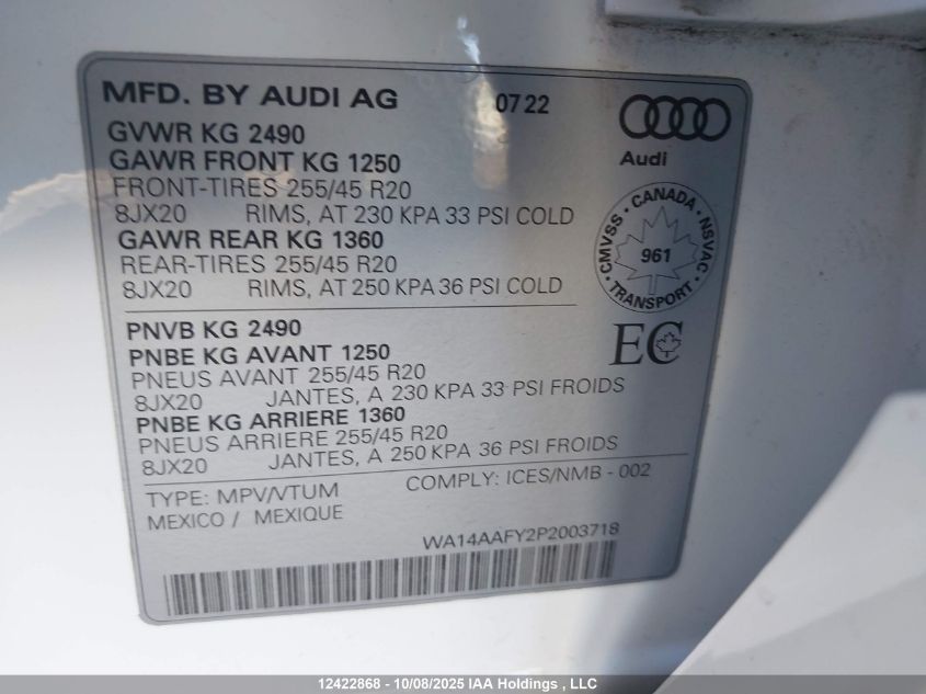 2023 Audi Q5 Sportback Premium 45 VIN: WA14AAFY2P2003718 Lot: 12422868