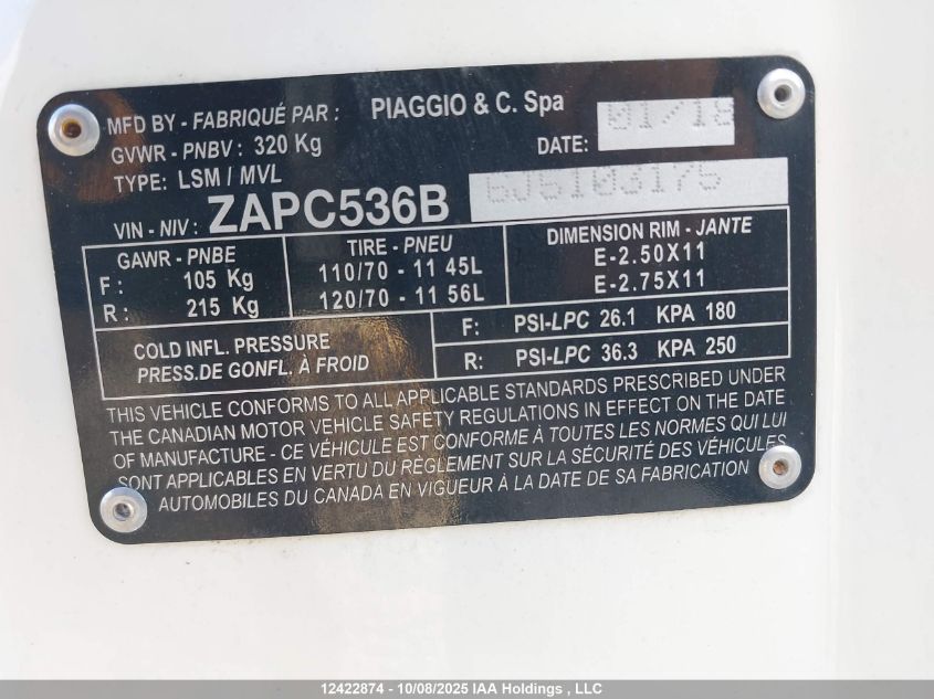 2018 Vespa Primavera 50 4V Ie VIN: ZAPC536B6J5103175 Lot: 12422874