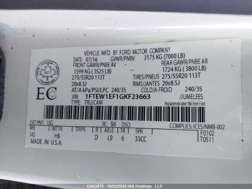 2016 Ford F150 Supercrew VIN: 1FTEW1EF1GKF23663 Lot: 12422875