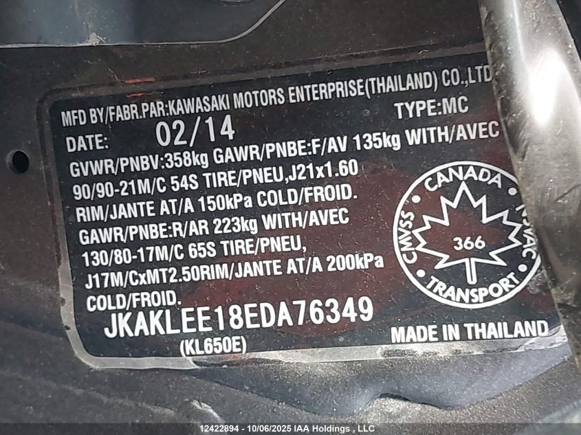 2014 Kawasaki Kl650 E VIN: JKAKLEE18EDA76349 Lot: 12422894