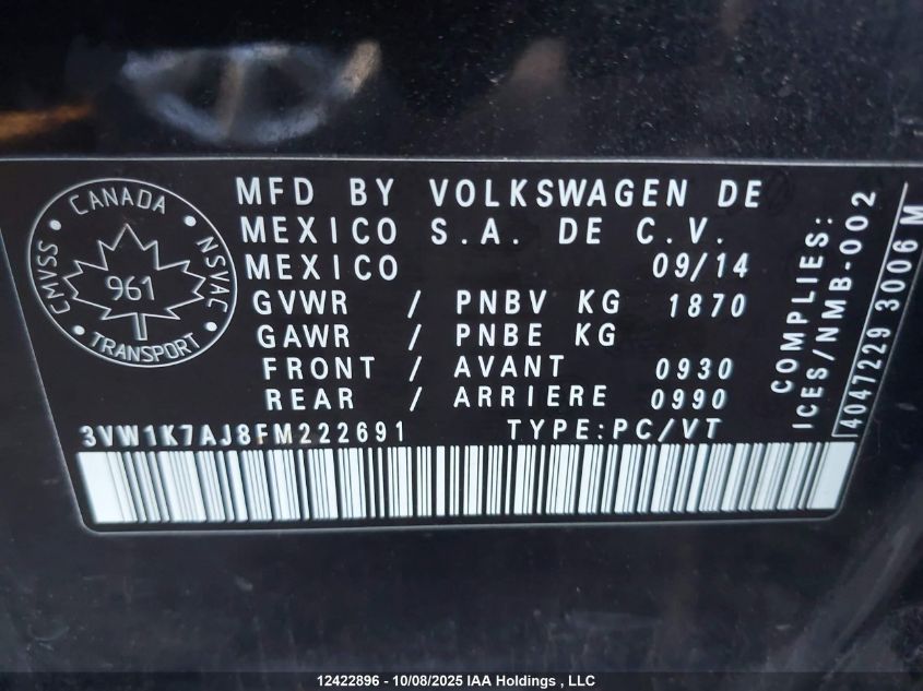 2015 Volkswagen Jetta 2.0L Trendline/2.0L Trendline+ VIN: 3VW1K7AJ8FM222691 Lot: 12422896