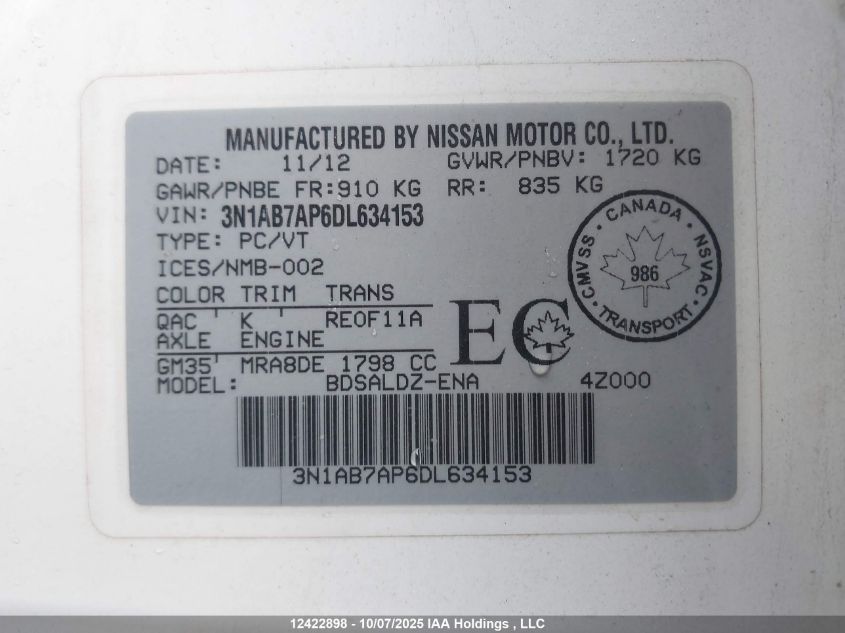 2013 Nissan Sentra S/Sv/Sr/Sl VIN: 3N1AB7AP6DL634153 Lot: 12422898