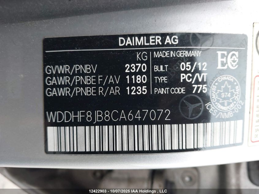 2012 Mercedes-Benz E 350 4Matic VIN: WDDHF8JB8CA647072 Lot: 12422903