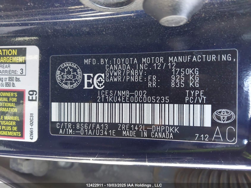 2013 Toyota Matrix VIN: 2T1KU4EE0DC005235 Lot: 12422911