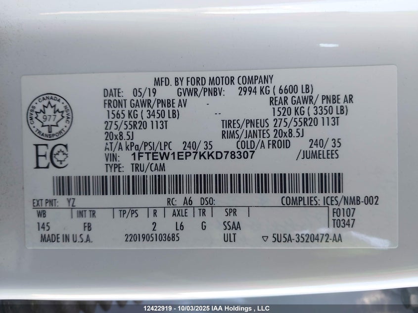 1FTEW1EP7KKD78307 2019 FORD F-150 photo no. 19