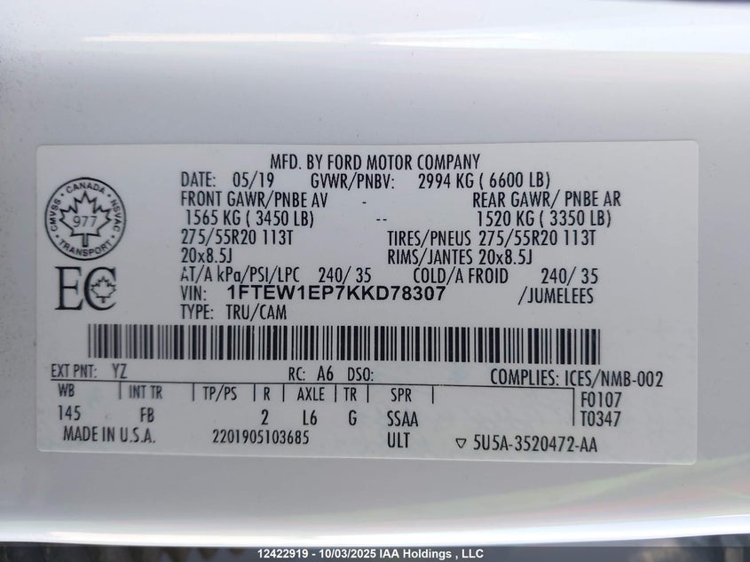 1FTEW1EP7KKD78307 2019 FORD F-150 photo no. 9