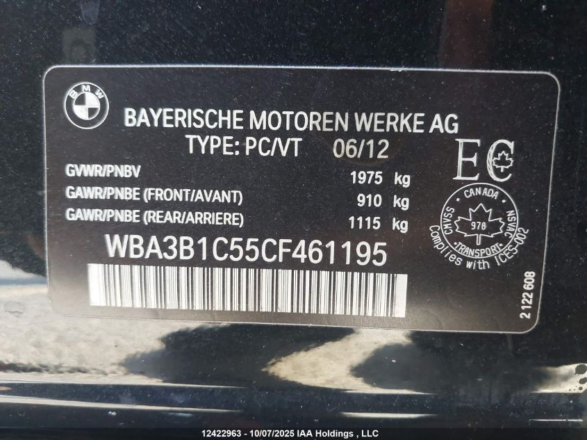 2012 BMW 320I VIN: WBA3B1C55CF461195 Lot: 12422963