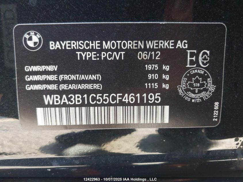 2012 BMW 320I VIN: WBA3B1C55CF461195 Lot: 12422963