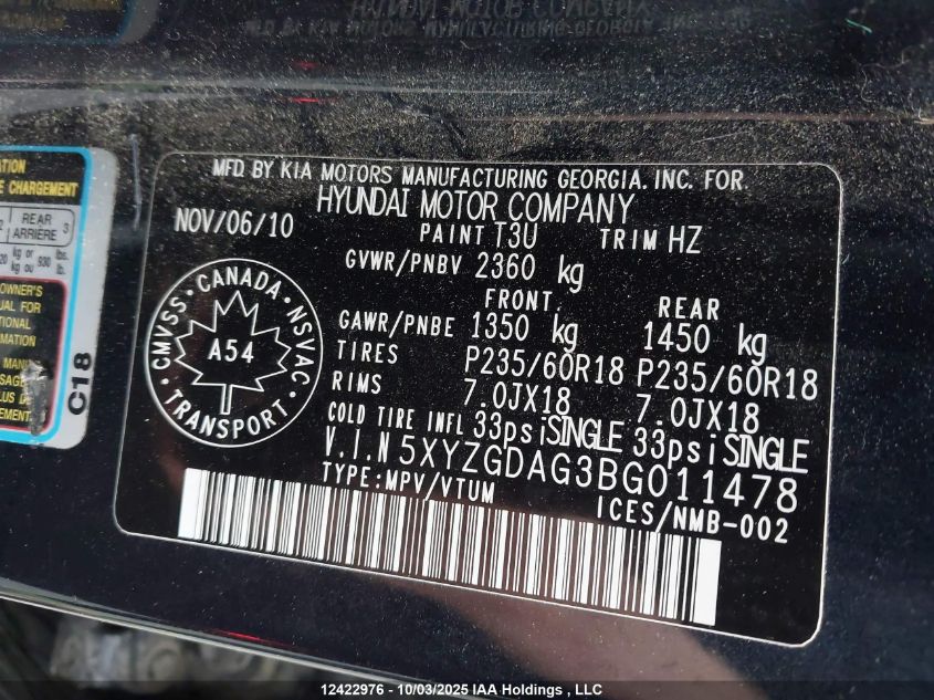 2011 Hyundai Santa Fe Gl 3.5 Sport VIN: 5XYZGDAG3BG011478 Lot: 12422976