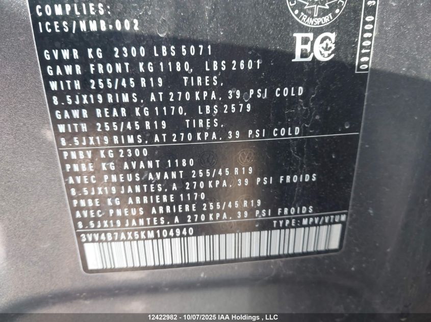 2019 Volkswagen Tiguan Sel Premium/Sel Premium R-Line VIN: 3VV4B7AX5KM104940 Lot: 12422982