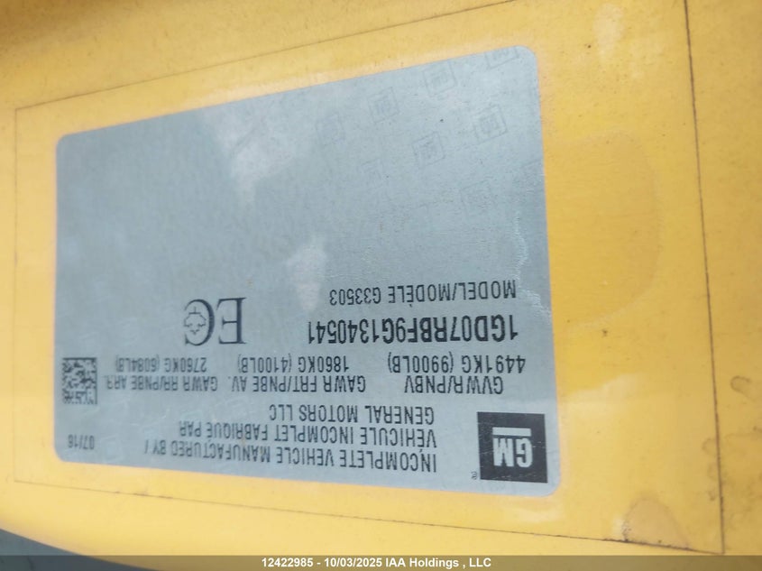 2016 GMC Savana Cutaway G3500 VIN: 1GD07RBF9G1340541 Lot: 12422985