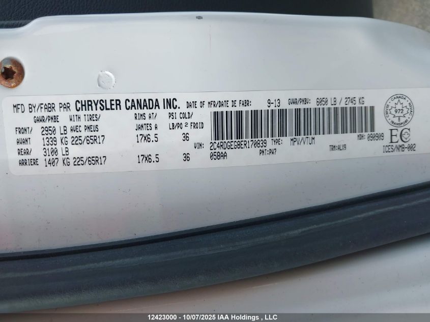 2014 Dodge Grand Caravan R/T VIN: 2C4RDGEG8ER170839 Lot: 12423000