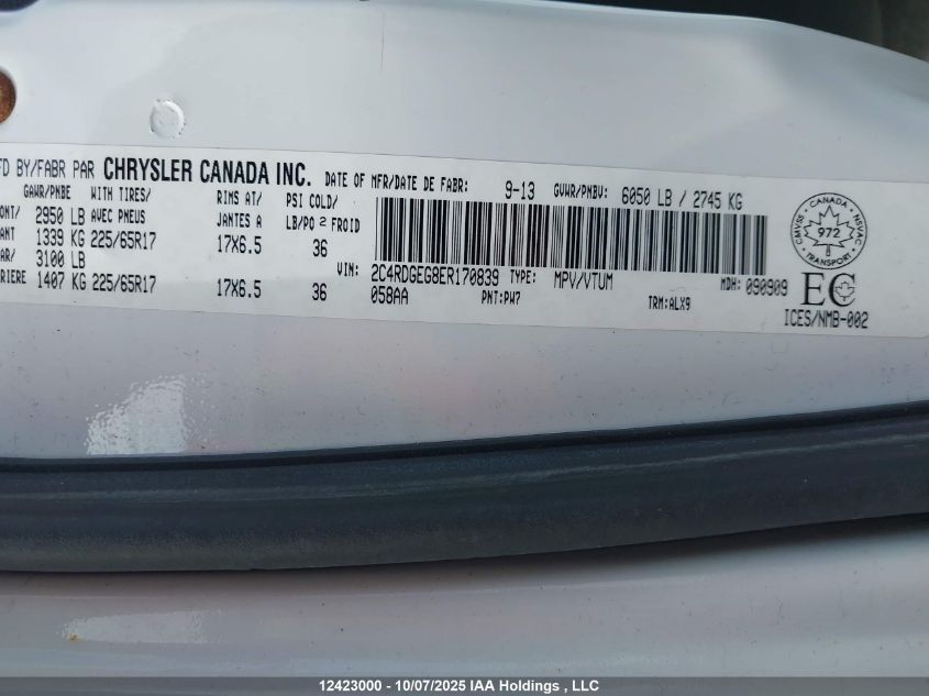 2014 Dodge Grand Caravan R/T VIN: 2C4RDGEG8ER170839 Lot: 12423000