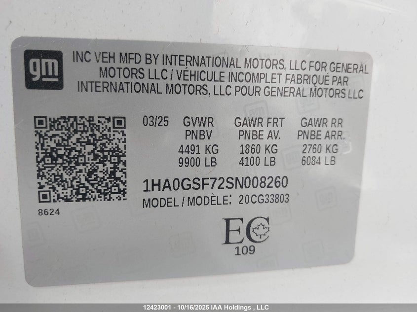 2025 Chevrolet Express Cutaway Work Van VIN: 1HA0GSF72SN008260 Lot: 12423001