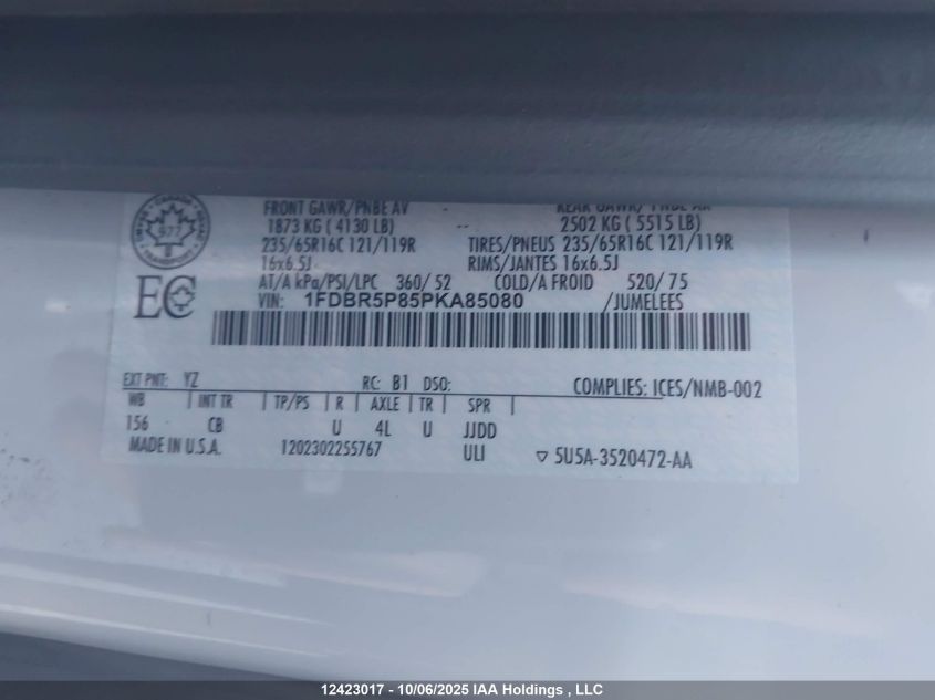 2023 Ford Transit T-250 VIN: 1FDBR5P85PKA85080 Lot: 12423017