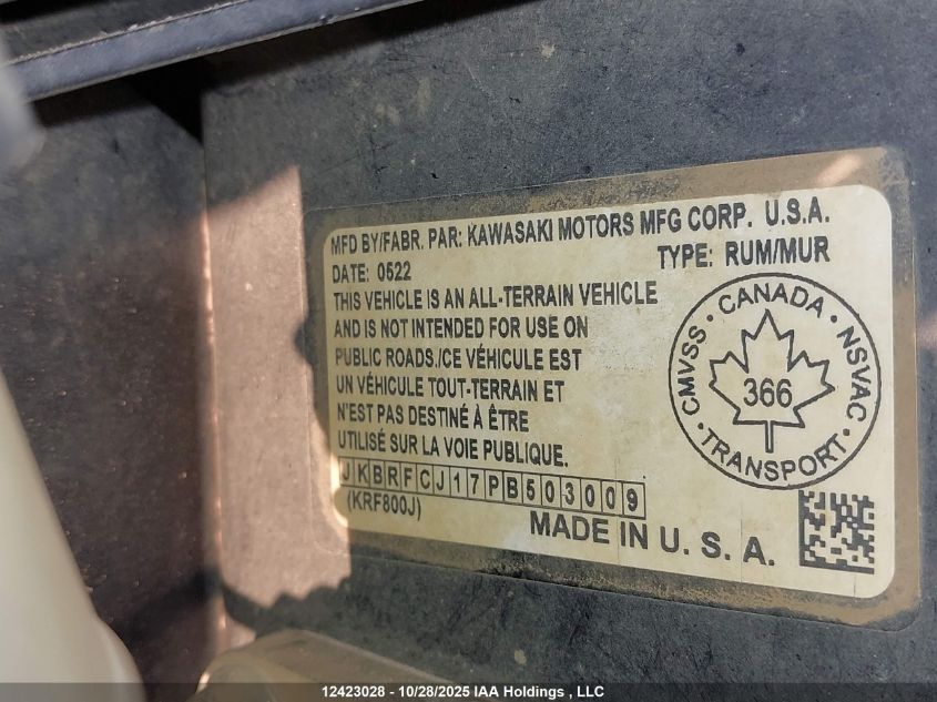 2023 Kawasaki Krf800 J VIN: JKBRFCJ17PB503009 Lot: 12423028