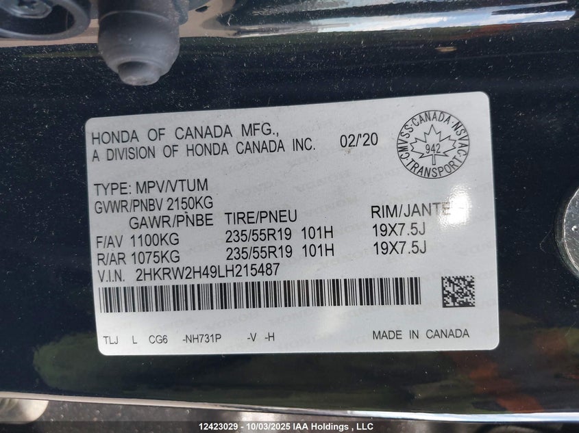 2HKRW2H49LH215487 2020 HONDA CR-V photo no. 9