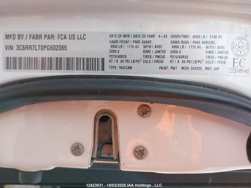 2023 Ram 1500 Classic Slt VIN: 3C6RR7LT0PG602065 Lot: 12423031